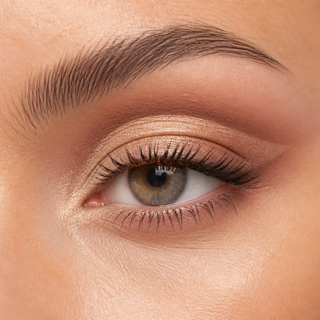 Hooded eye held open showing a soft cut crease set above the natural fold with a bright rose-gold shimmer lid below