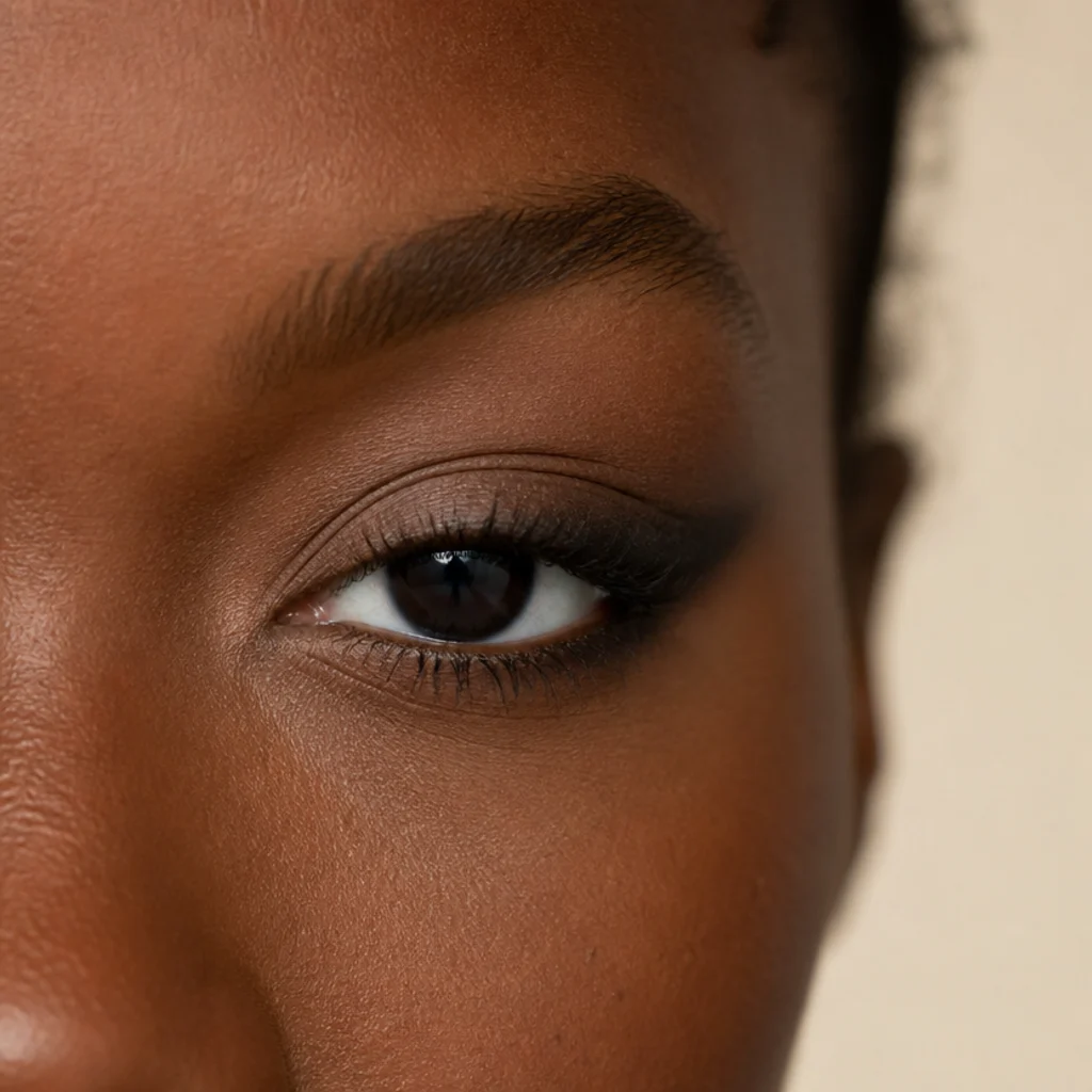 Round eye with a smoked outer-V dragged horizontally outward and a lighter champagne inner lid for an elongating effect