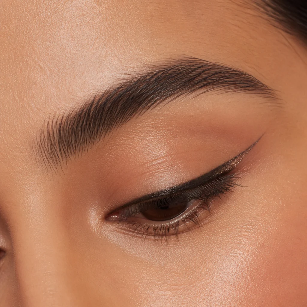 Downturned eye with an upward winged liner angled toward the brow tail and shimmer lifting the outer corner