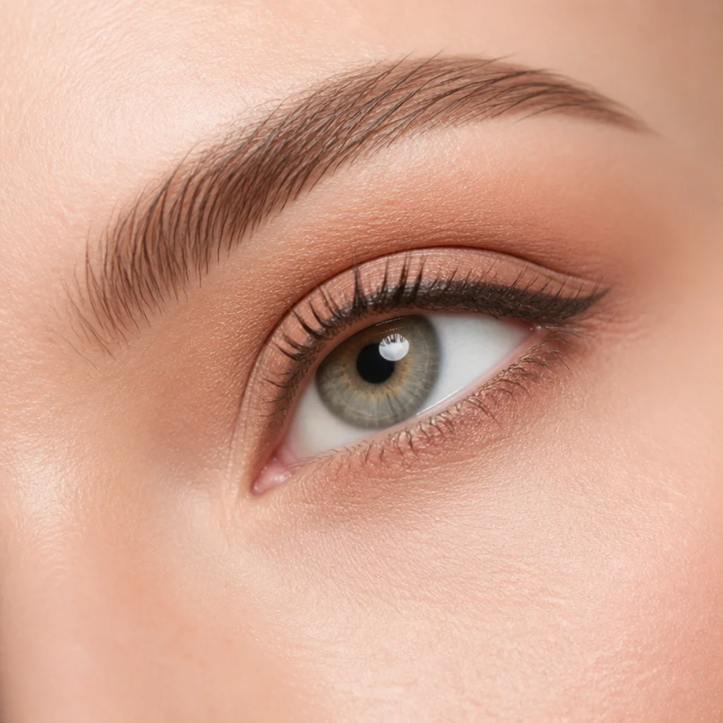Upturned cat-like eye with a soft smudged bronze lower lash line balancing a clean thin upper liner