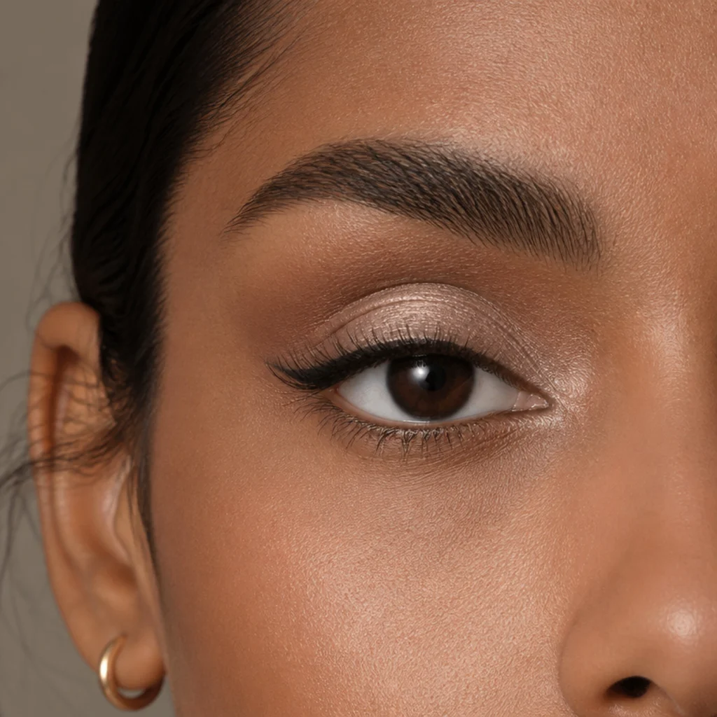 Deep-set eye with a reflective champagne satin lid brought forward and a soft diffused single-tone crease