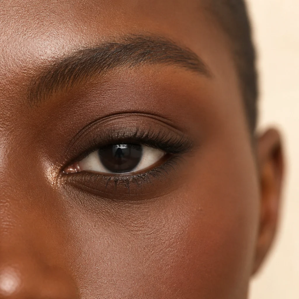 Protruding eye with a well-blended matte mid-tone across the lid and crease and a tiny inner-corner shimmer