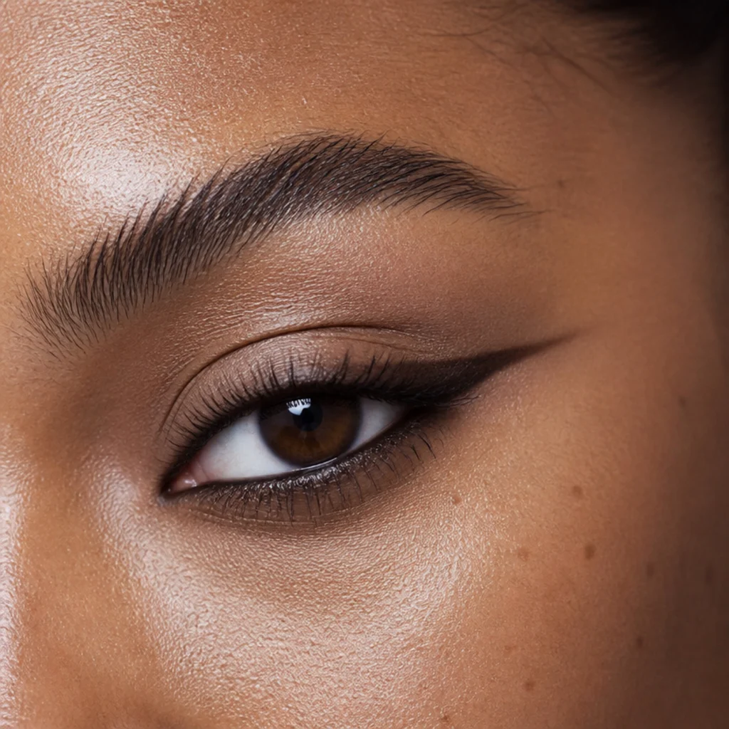 Almond eye with a sleek straight foxy flick extended toward the temple and a mirrored lower smoke