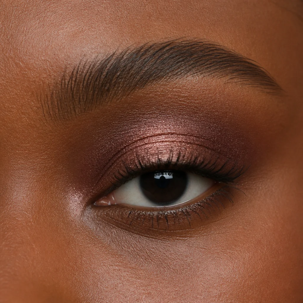 Hooded eye with a floating halo of center-lid sparkle set high and deeper inner and outer corners