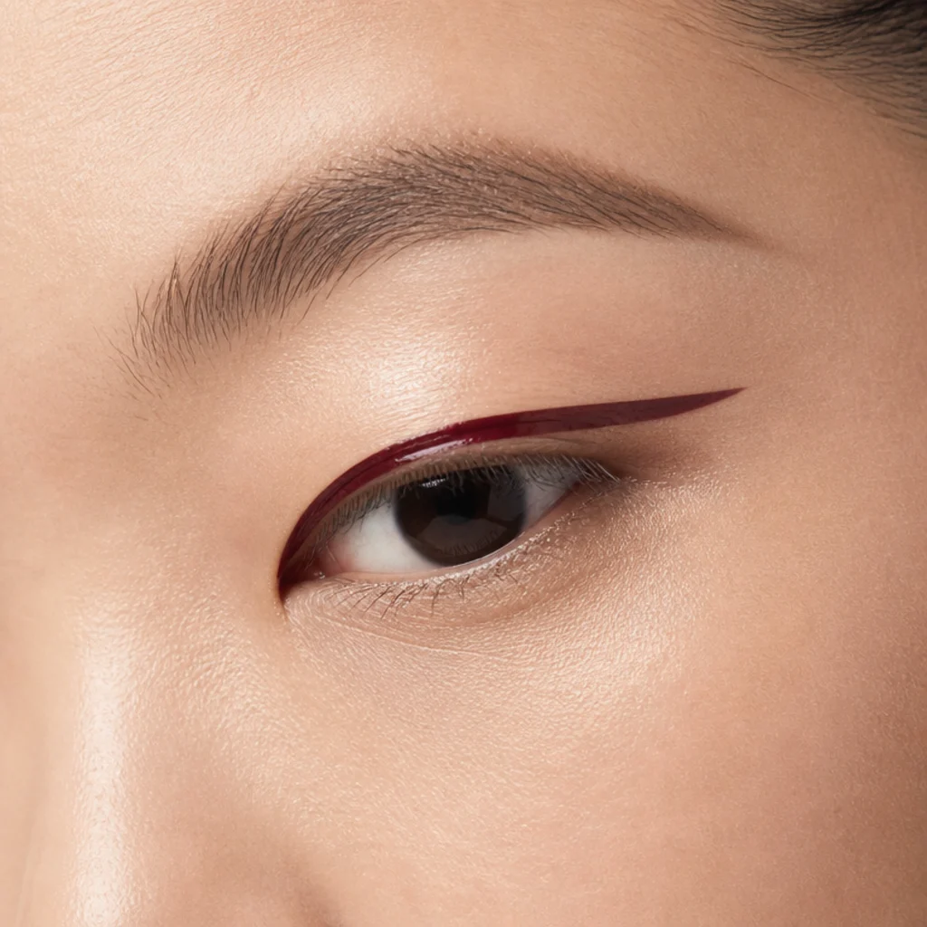 Monolid eye with a crisp graphic floating liner set above the lash line on a bare glossy lid