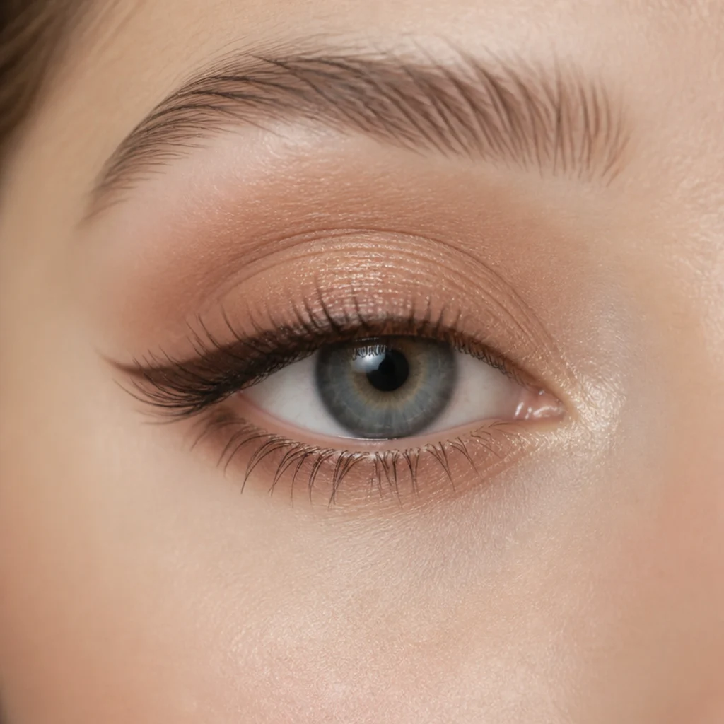 Round doe eye with a warm neutral wash, center shimmer, soft brown upper liner and an inner-corner highlight