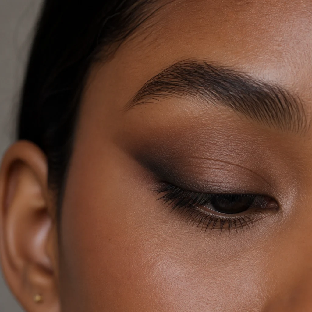 Downturned eye with smoky depth concentrated at the outer corner dragged up and out and a bare inner lower lash line