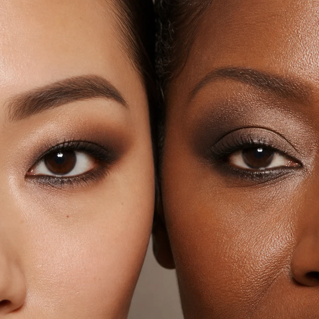 Split comparison of a smoky eye on an almond eye versus a hooded eye showing different crease placement