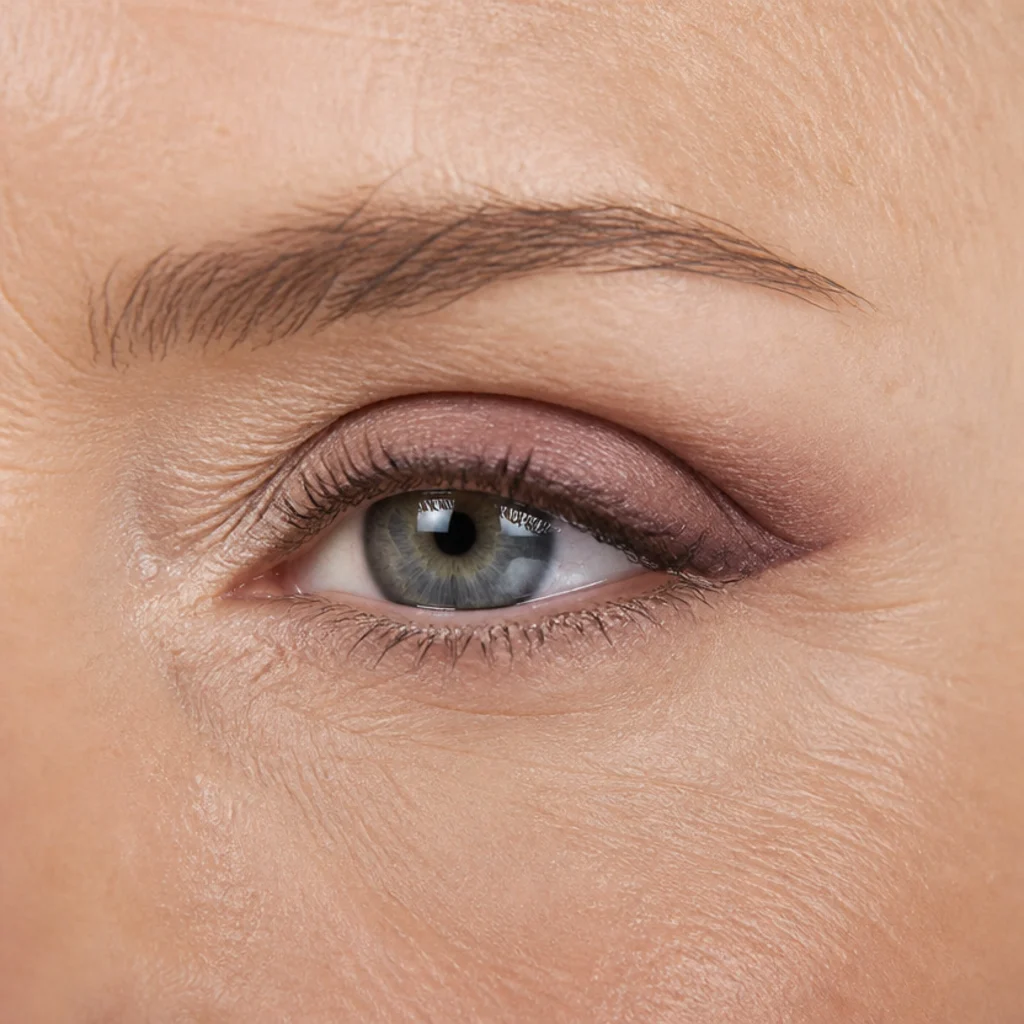 Mature eye with soft-matte plum definition, a tightlined upper lash line and a diffused lifted outer corner