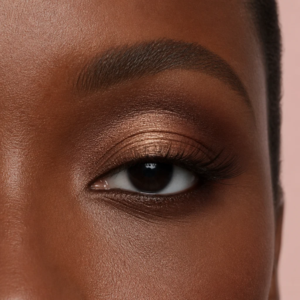 Round eye with a monochromatic bronze wash, a chocolate outer corner and a gold center shimmer