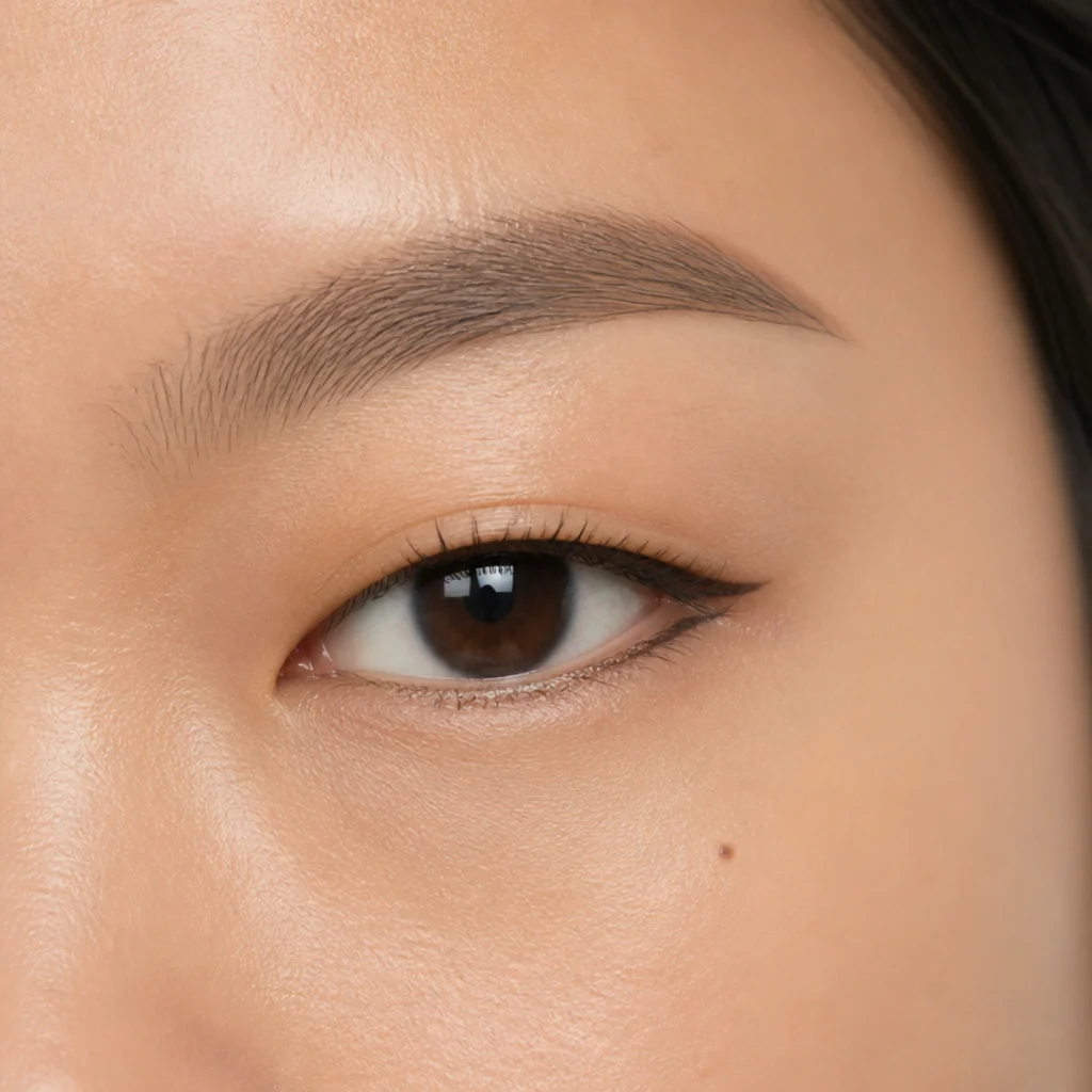Monolid eye with a graphic reverse wing on the outer lower lash line and a clean bare upper lid