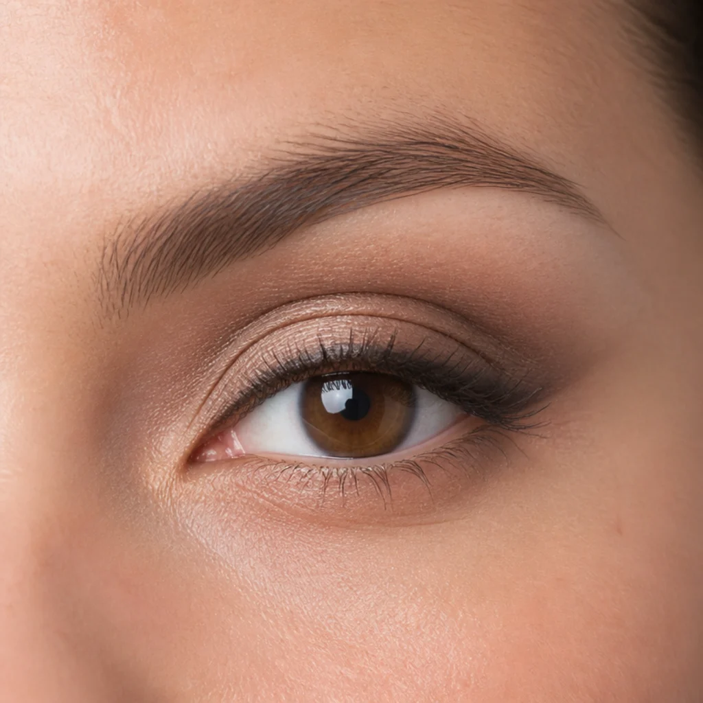 Hooded eye held open with soft above-crease smoke and a shimmery light visible lid