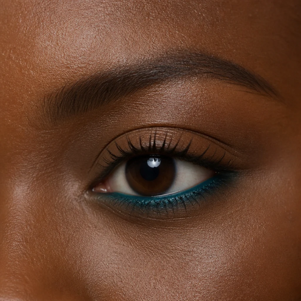 Almond eye with saturated teal colored lower liner against a clean neutral lid