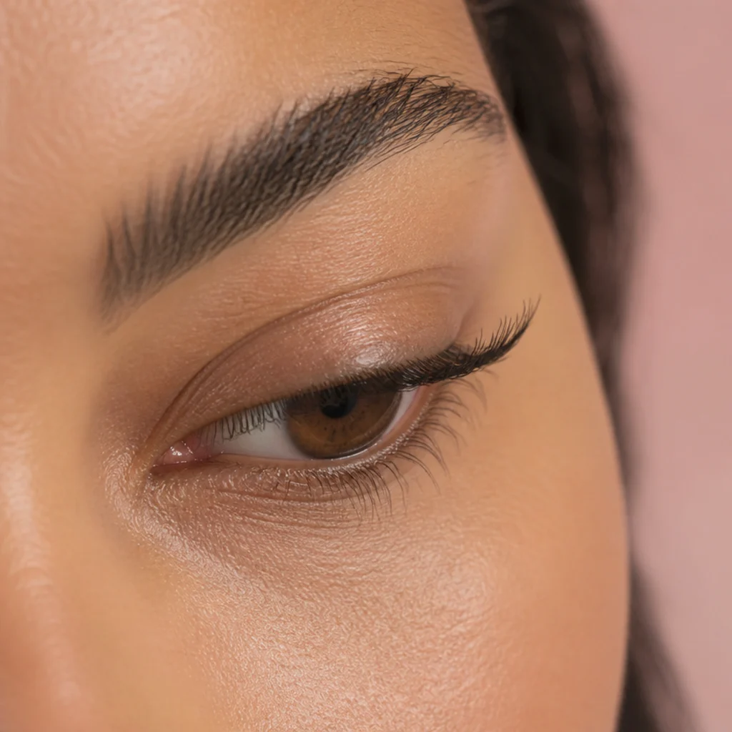Downturned eye with a tightlined upper waterline, denser outer roots and curled lifted lashes, no wing