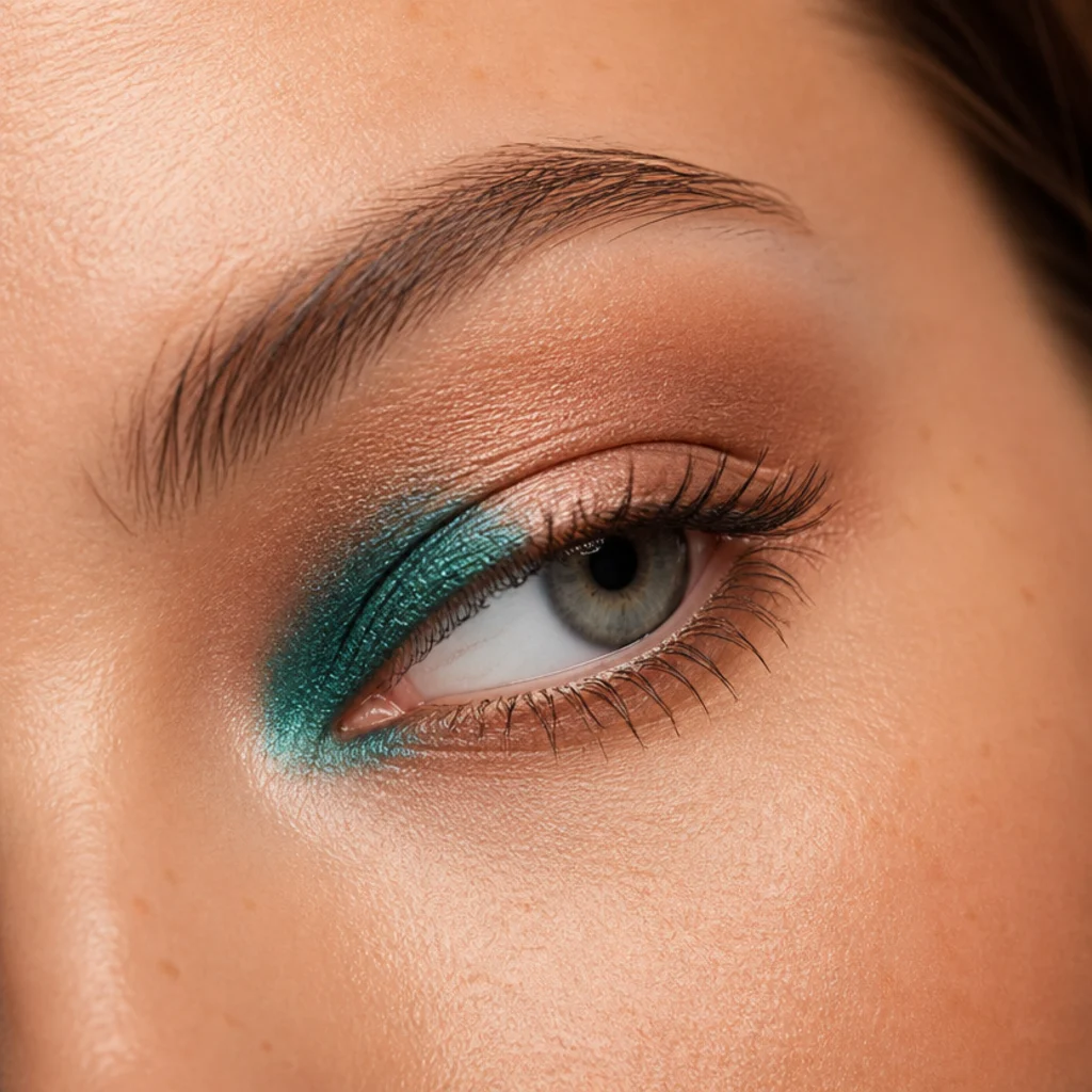 Wide-set eye with a bold jewel-tone metallic inner corner and a softer, less extended outer edge
