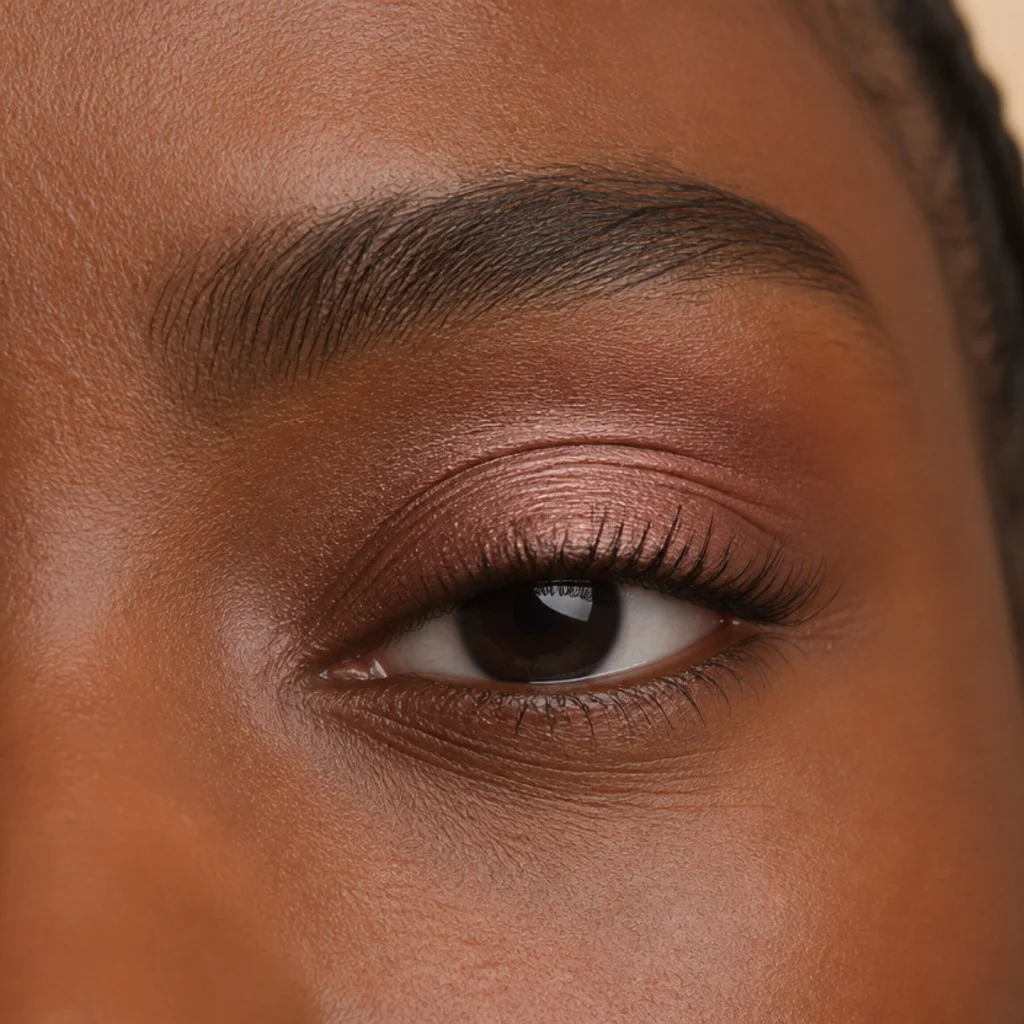 Soft no-liner look with a satin rose wash on the lid and lower lashes, curled lashes and mascara only