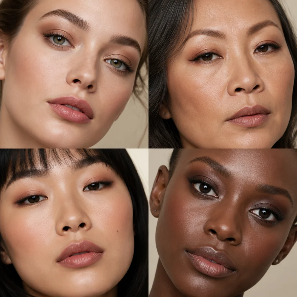 Editorial grid of diverse models showing almond, hooded, monolid and round eye makeup looks on warm ivory background