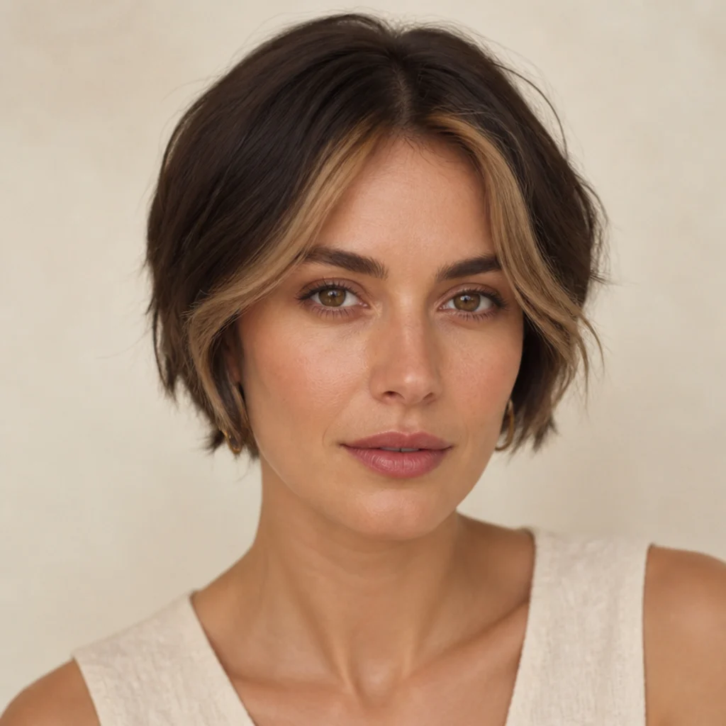 Front view of a short brunette crop with brightened money-piece sections framing both sides of the face and a deep even brown through the back