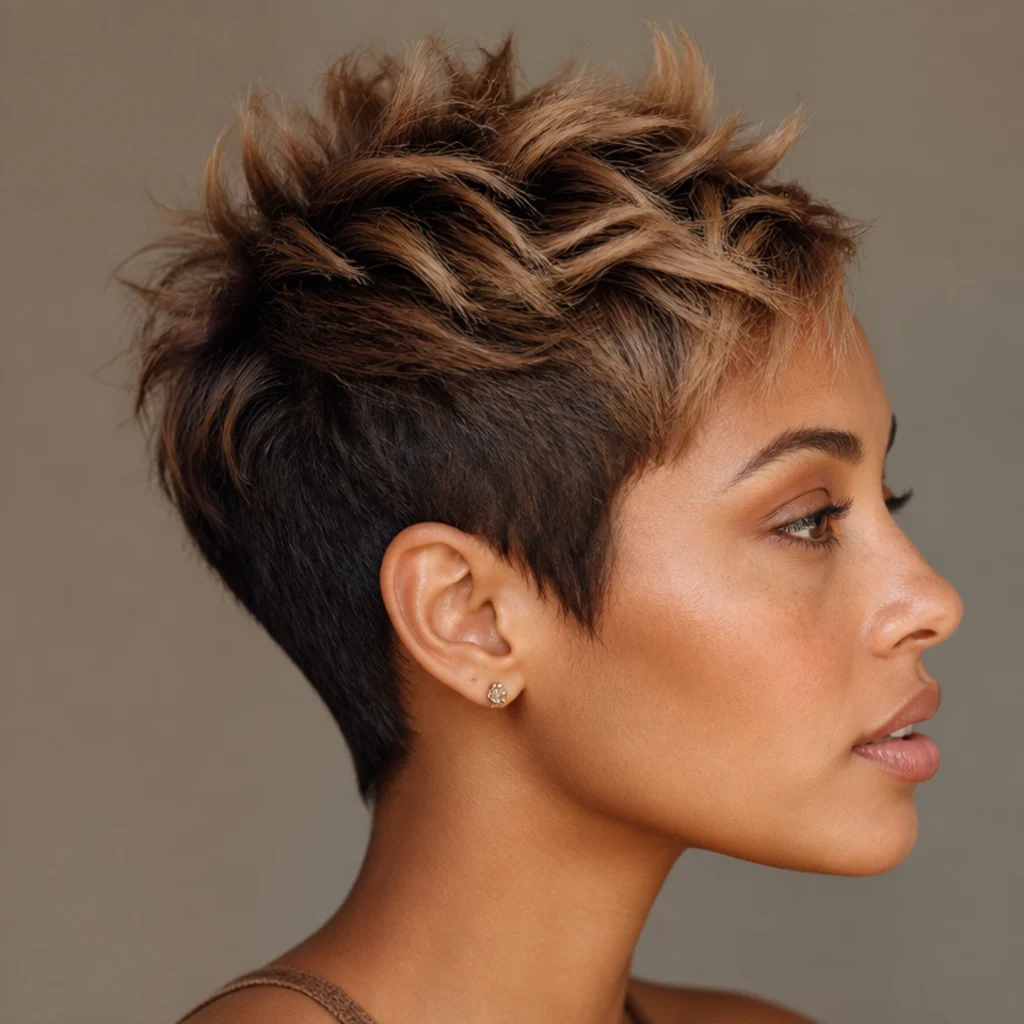 Side profile of a textured pixie melting from espresso roots into warm caramel piecey tips with visible spike definition