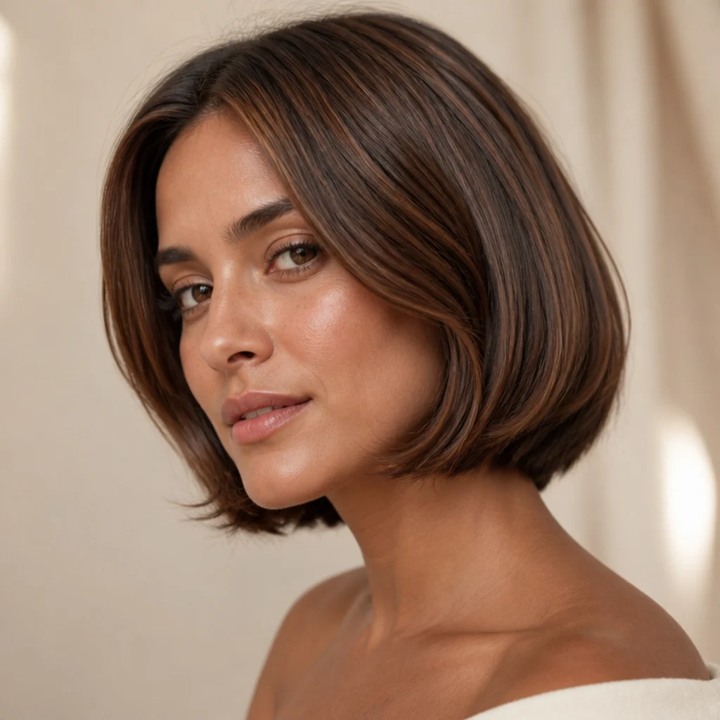 Three-quarter view of a smooth brunette bob with fine, densely placed cinnamon babylights creating an all-over lit glow