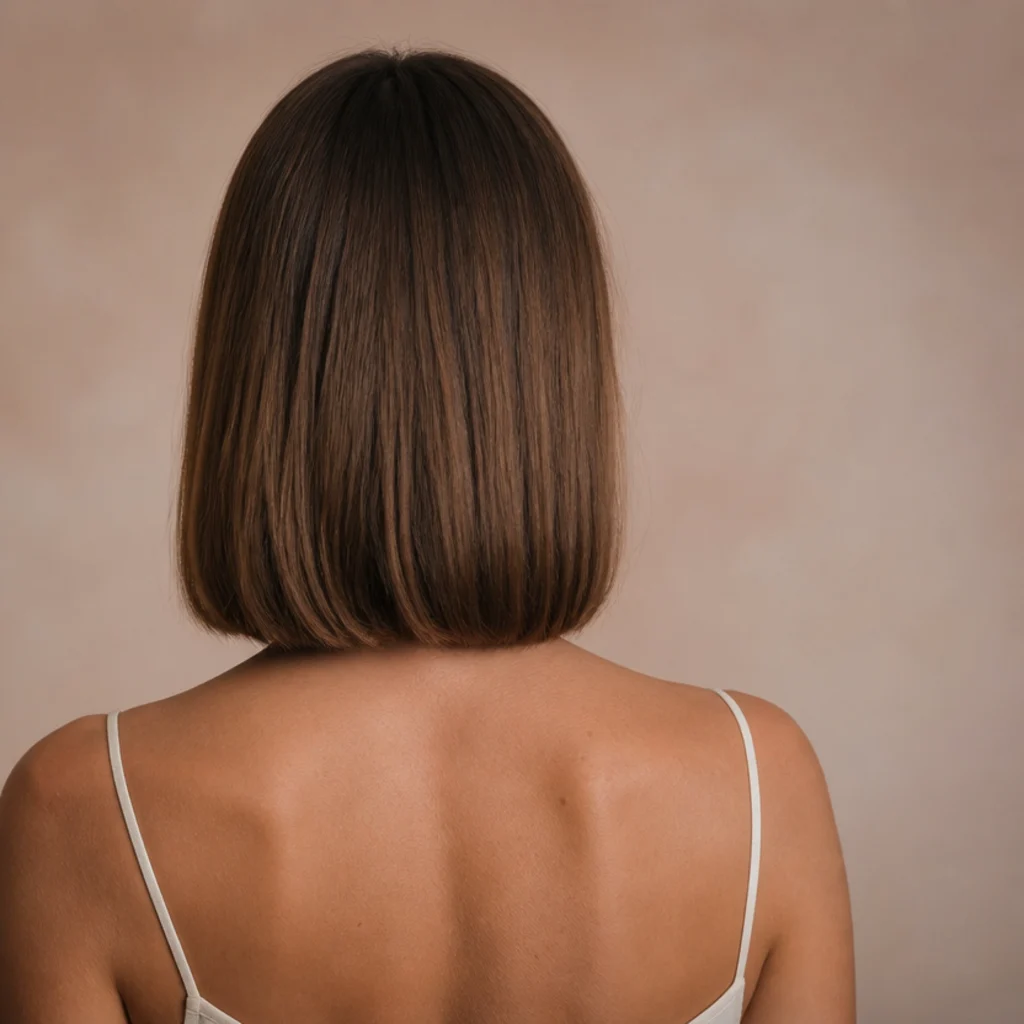 Back view of a blunt lob in milk-chocolate brown with a soft darker root shadow melting seamlessly into warmer mid-lengths