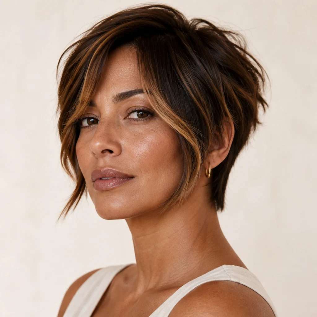 Front three-quarter view of a bixie cut with warm toffee face-framing pieces and deep brown piecey texture on top
