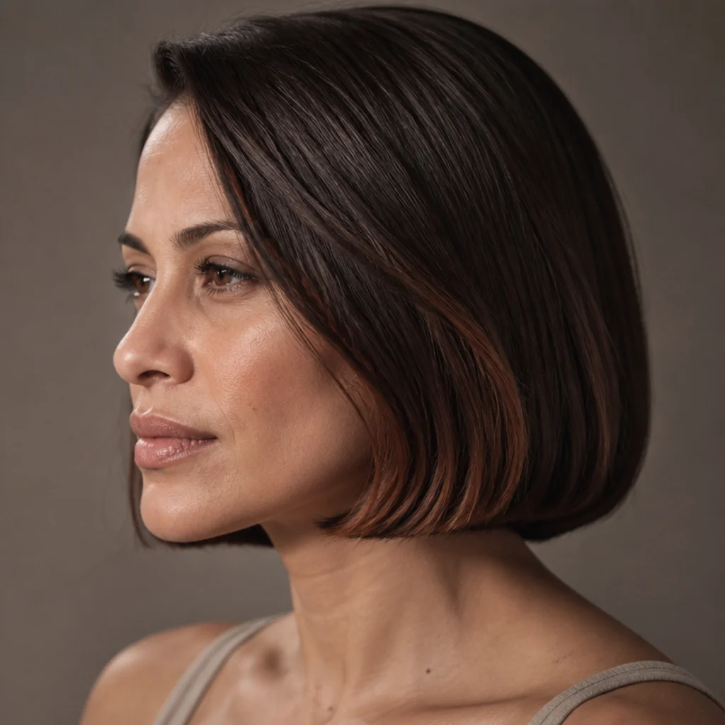 Side view of a sleek chin-length bob in warm brown with fine auburn ribbons catching light where the ends curve under