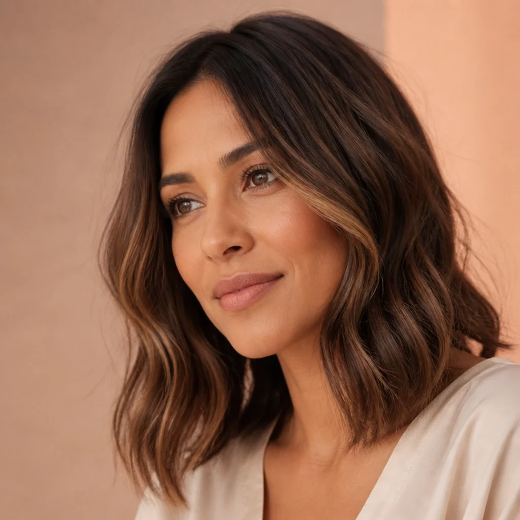 Three-quarter view of a brunette lob with softly blended mocha teasylights and a diffused, lived-in grow-out at the root