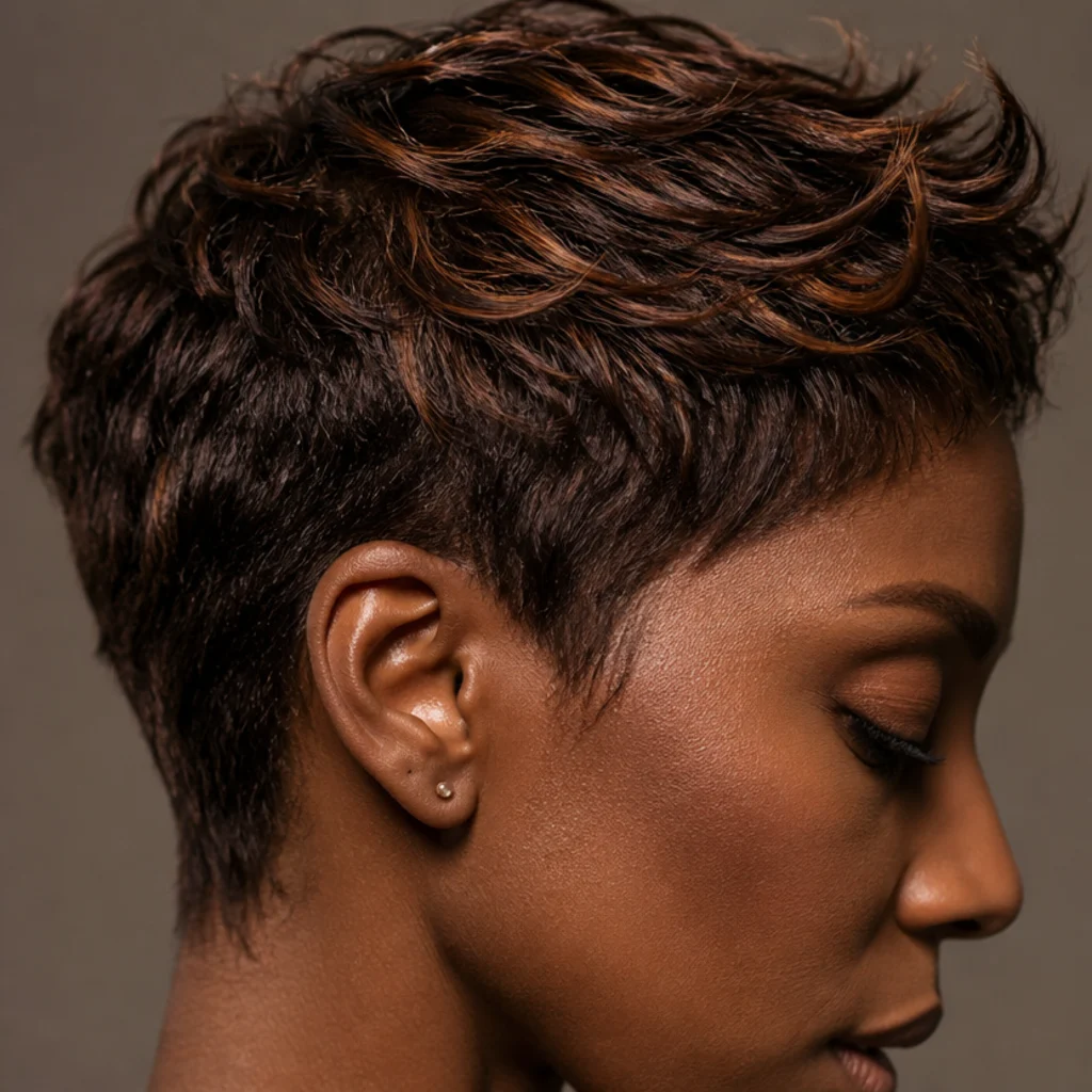 Side profile of a piecey textured crop in deep brown with fine copper threads running through the top layers and flashing with movement