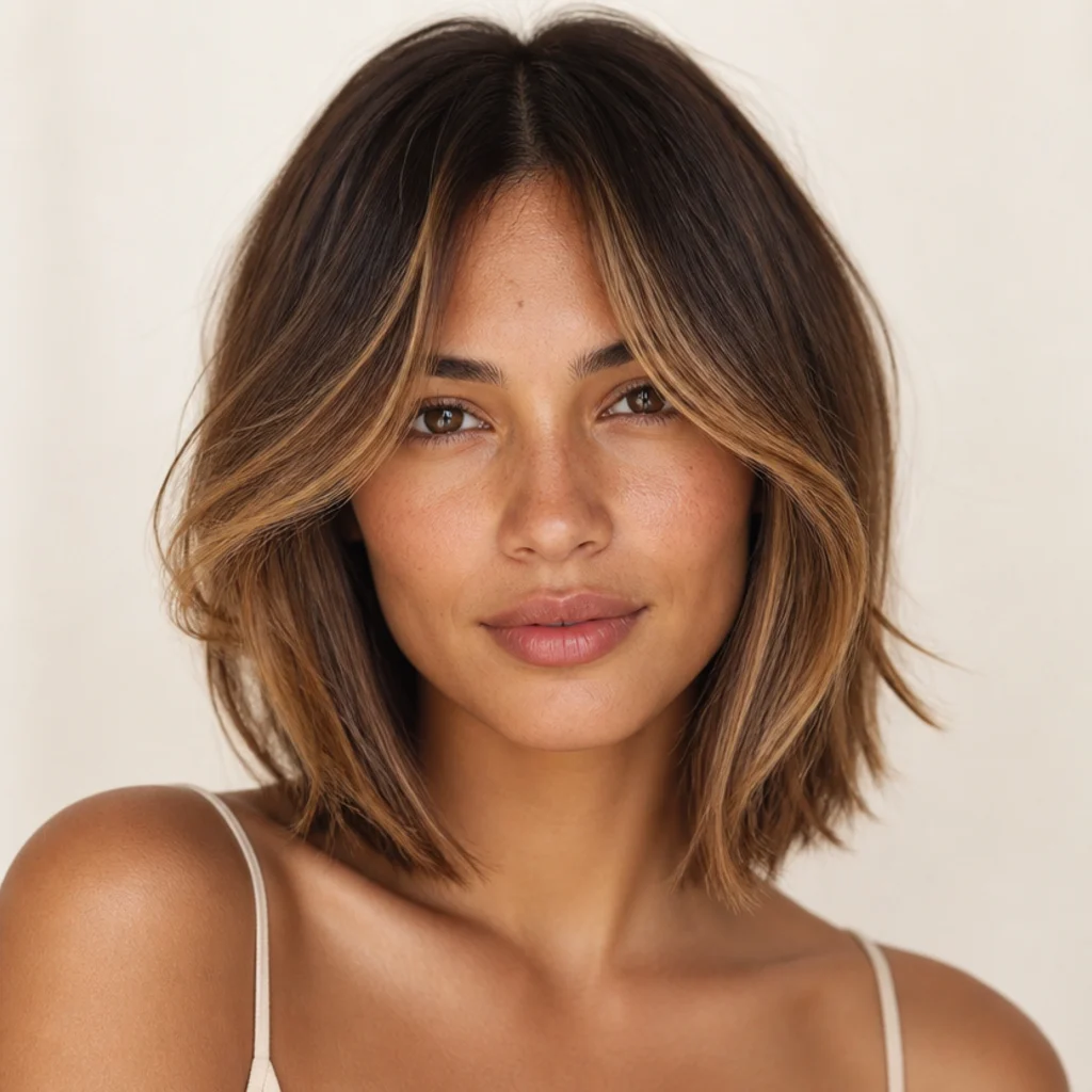 Front view of a lob with a soft curtain fringe in golden-brown, warm highlights sweeping away from a center part to frame the eyes