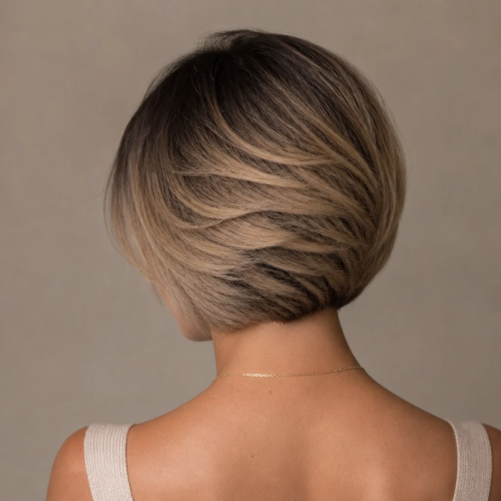 Back view of a stacked bob blending brown roots into a warm sandy bronde through the graduated stacked layers
