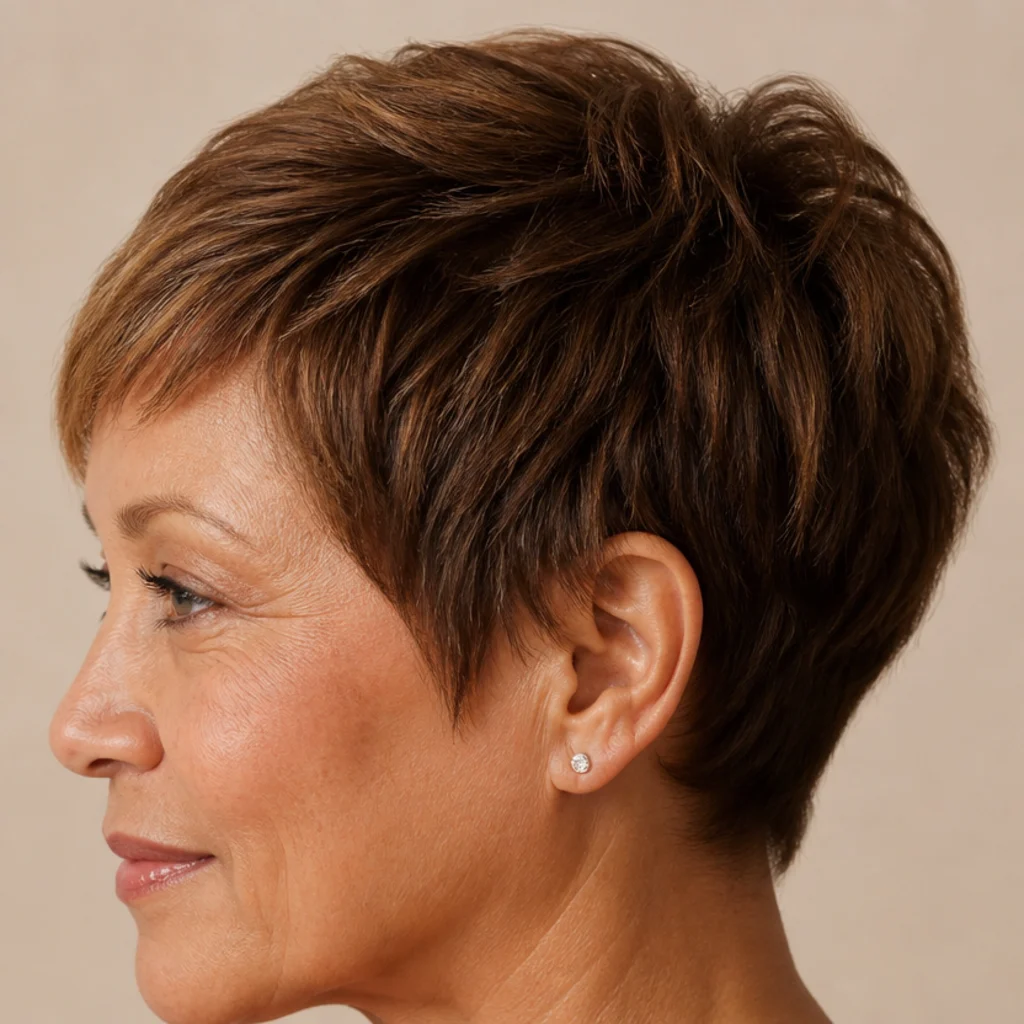 Side view of a pixie in warm hazelnut brown with deeper lowlights woven around the crown to build fullness and depth