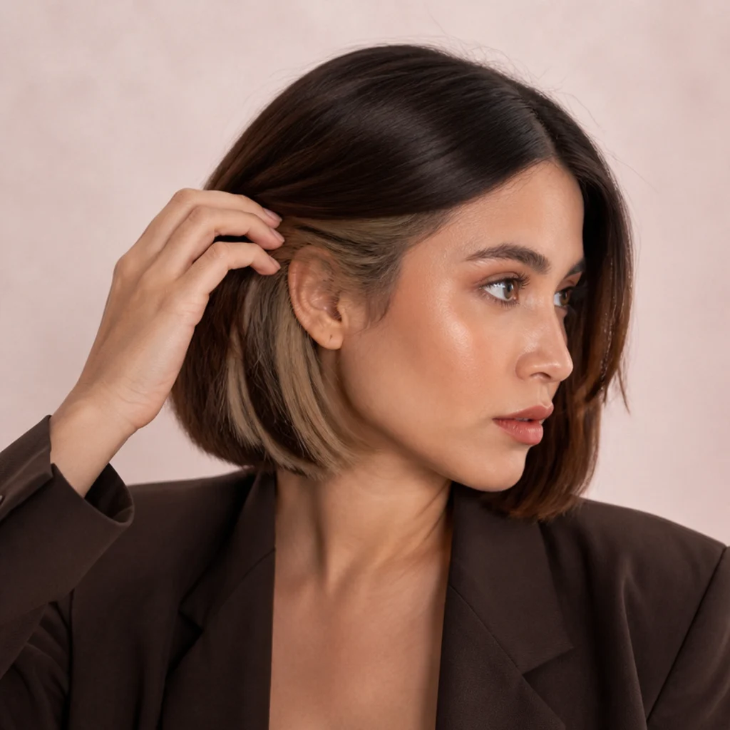 Three-quarter view of a brunette bob revealing hidden warm-sand peekaboo panels tucked under the top layer