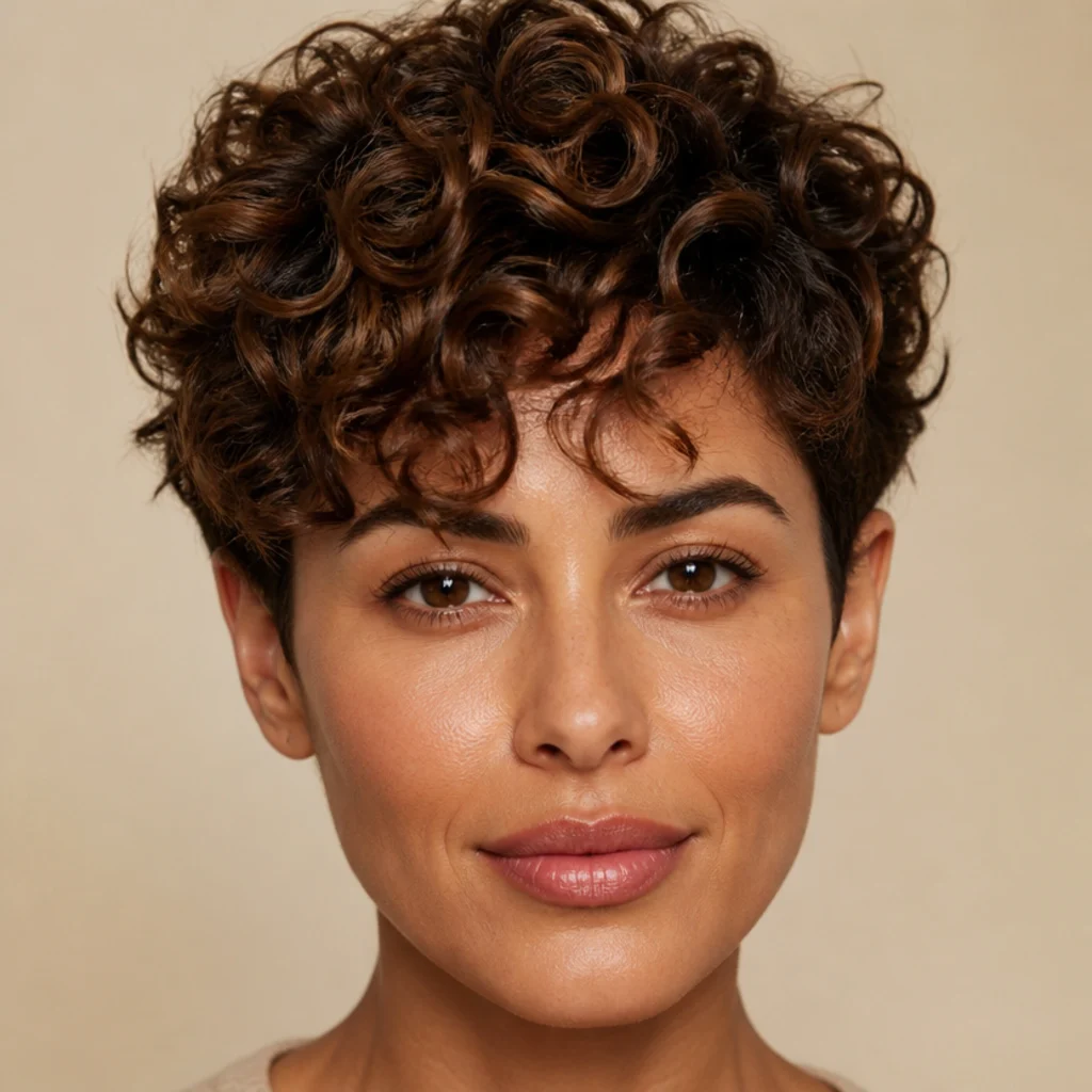 Front view of a curly brunette crop with chestnut and caramel tones catching light across defined, springy coils