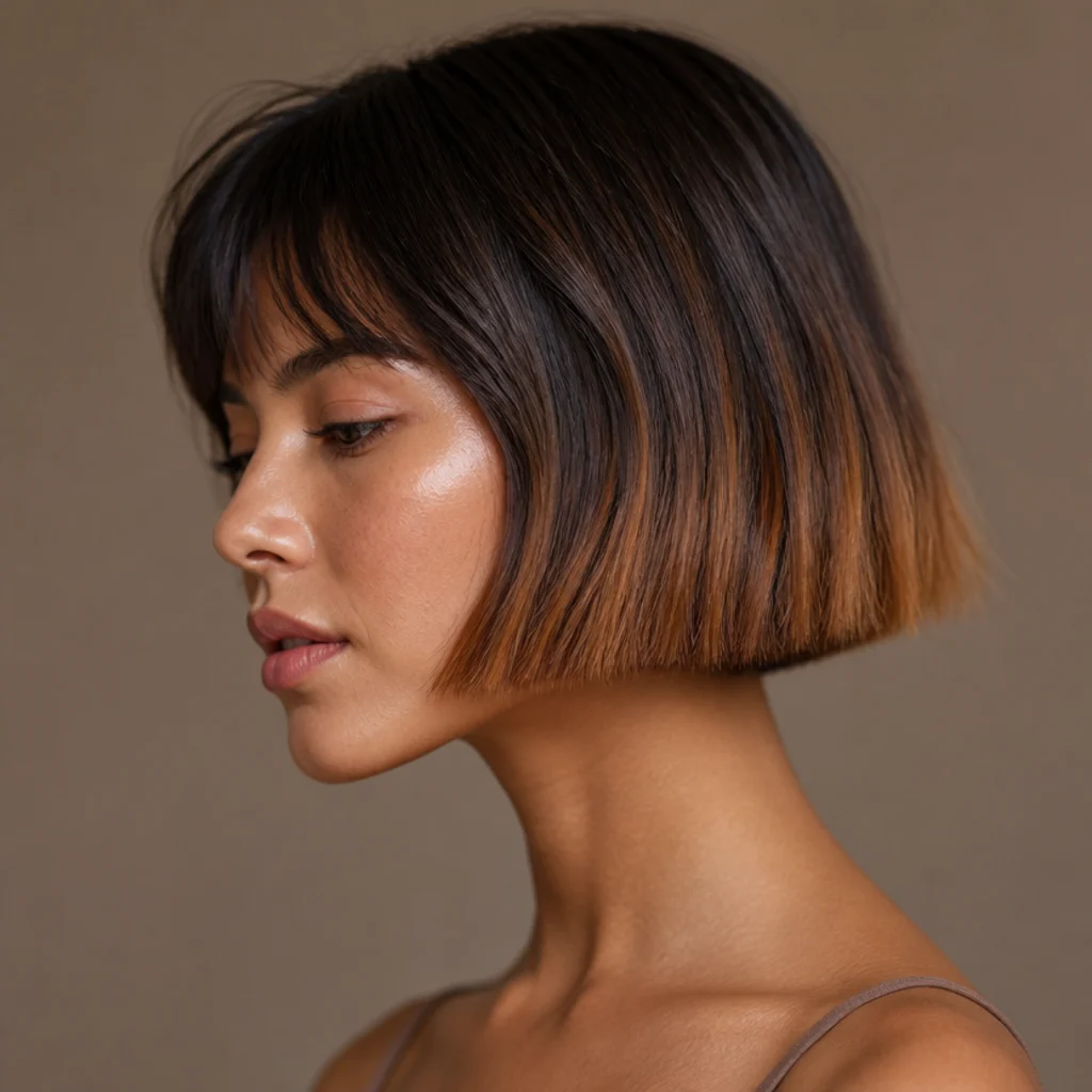 Side view of a short blunt French bob in deep brown softly fading to warm amber at the blunt ends