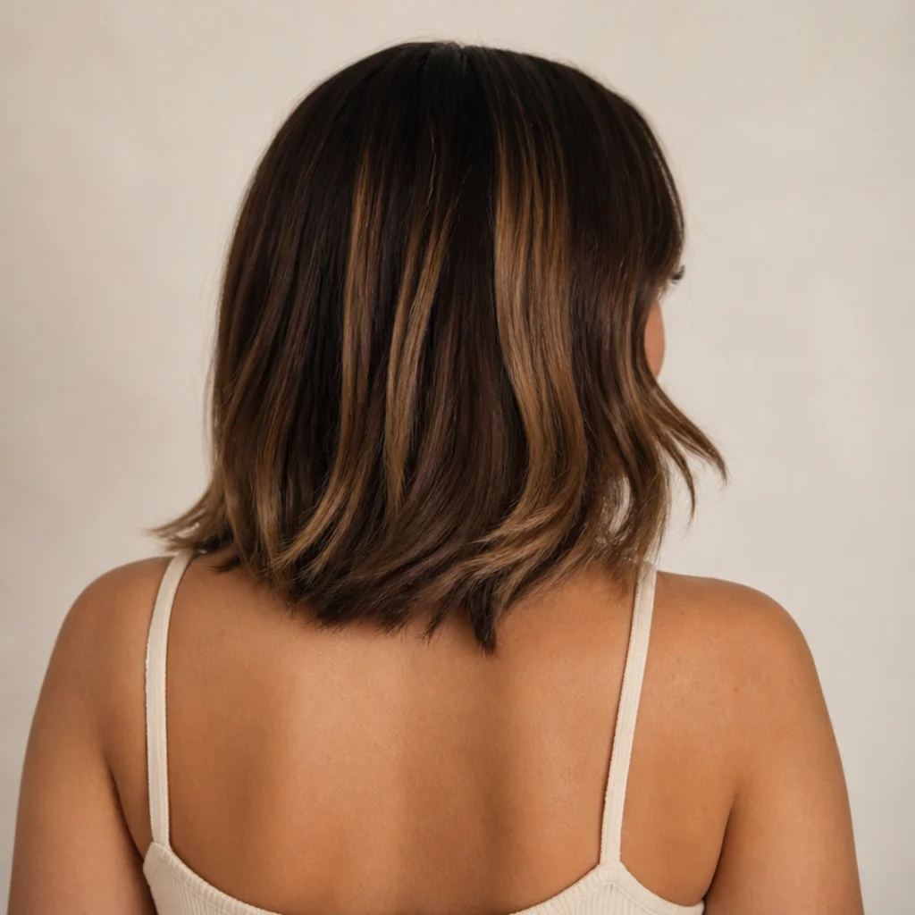 Back view of a lob in cocoa brown with wider sliced balayage sections creating bold, sunlit ribbons of warmth