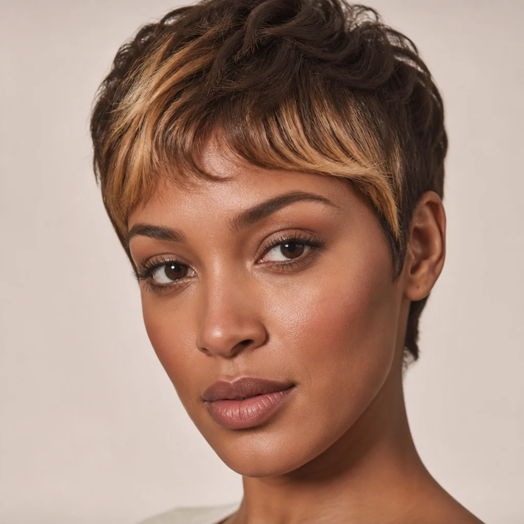 Front view of a pixie with bright praline money-piece sections framing the face against a deep brown crown