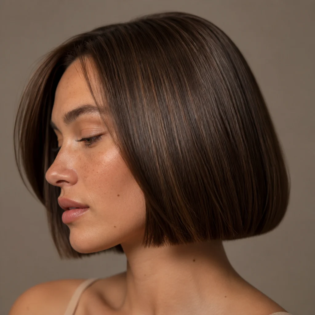 Side view of a glossy blunt bob in deep chocolate brown with the finest gilded highlights adding all-over shine, not stripes