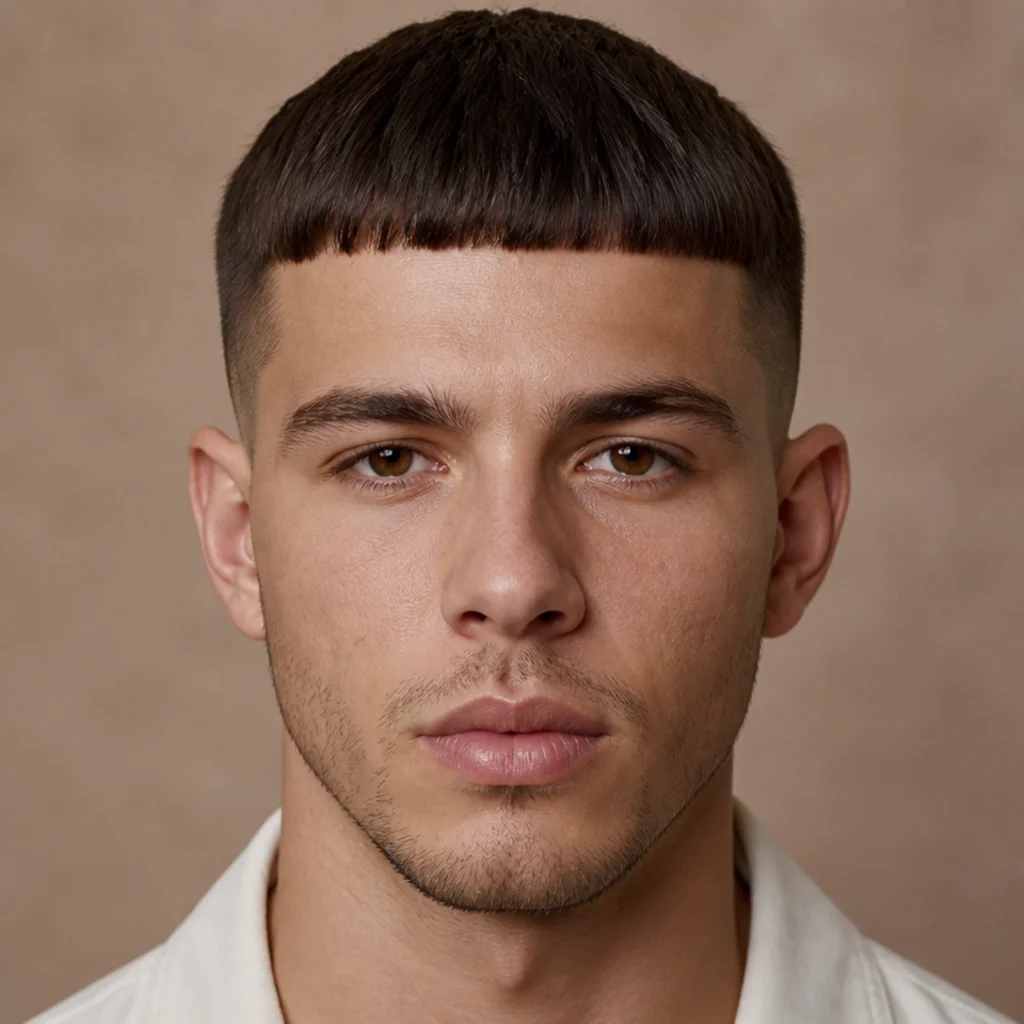 Front view of a man with a straight, blunt-cut edgar fringe and softly faded sides framing an oval face in a studio setting