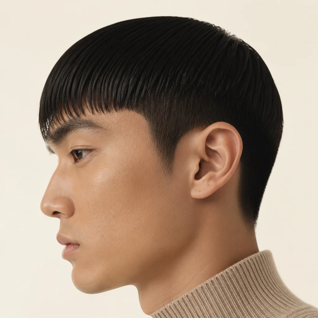 Side profile of a man with sleek straight edgar cut hair combed forward with a matte finish and a clean taper