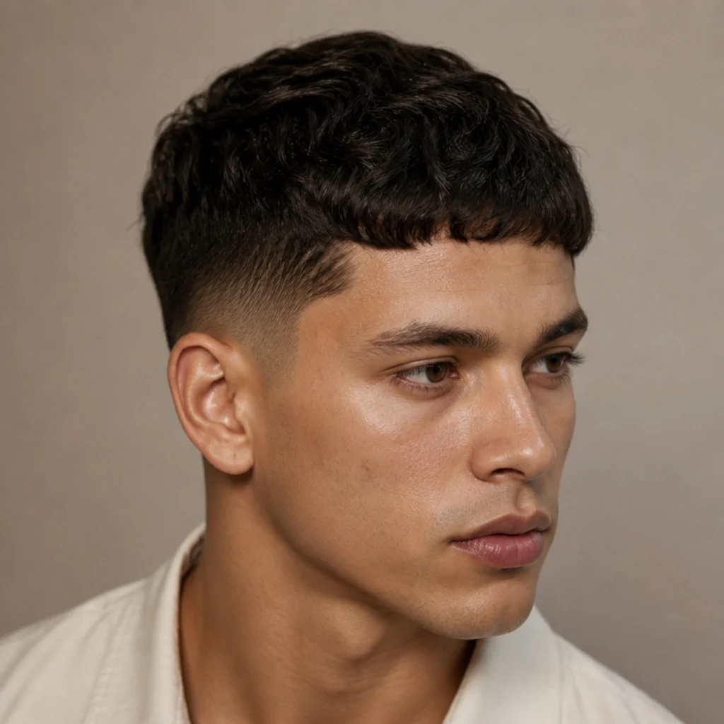 Three-quarter view of a man with an edgar cut taper fade blending short sides into a dense blunt fringe
