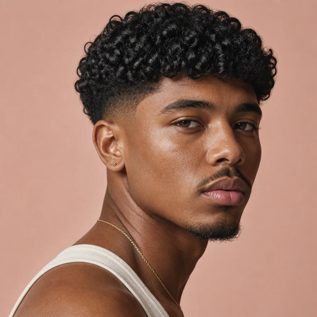 Close three-quarter shot of a man with a curly edgar cut, coiled top texture and a clean faded side