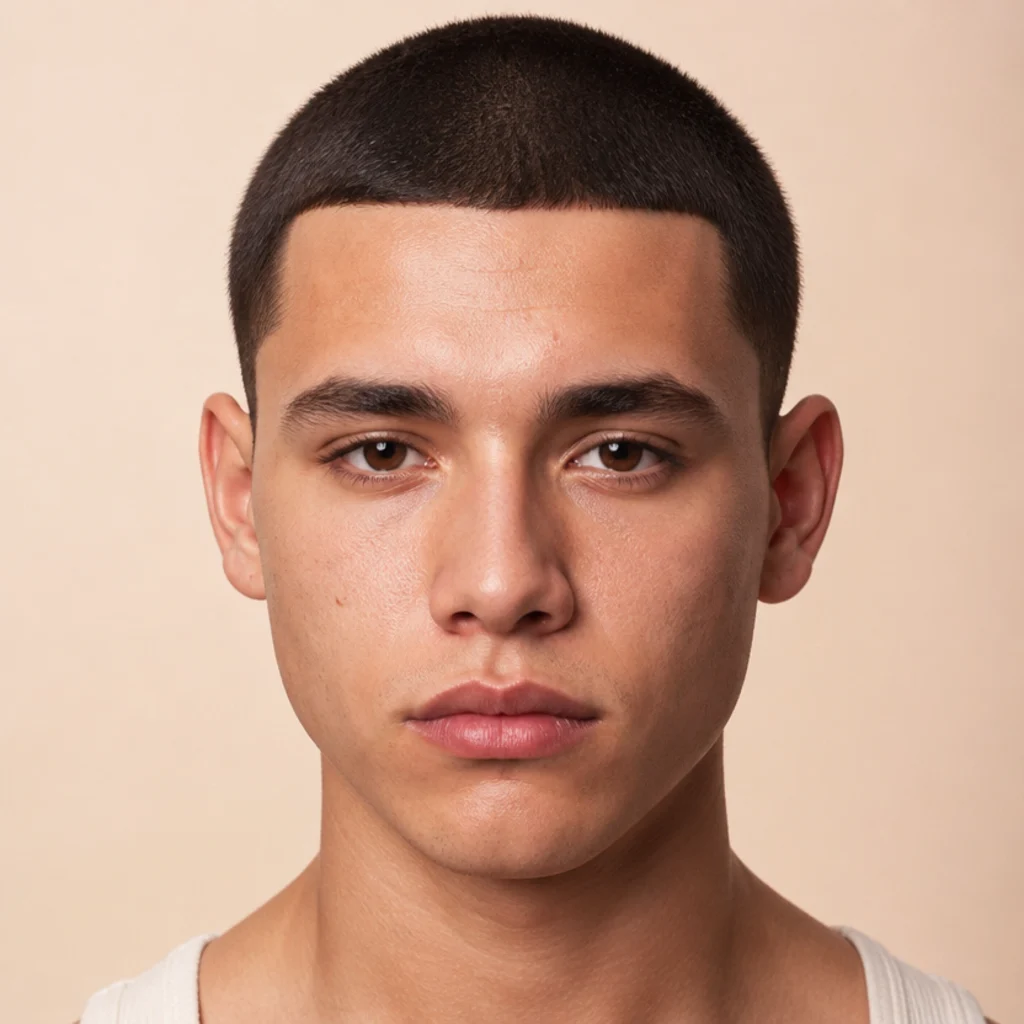 Front studio portrait of a man with a short edgar buzz cut and a crisp blunt front line above the brows