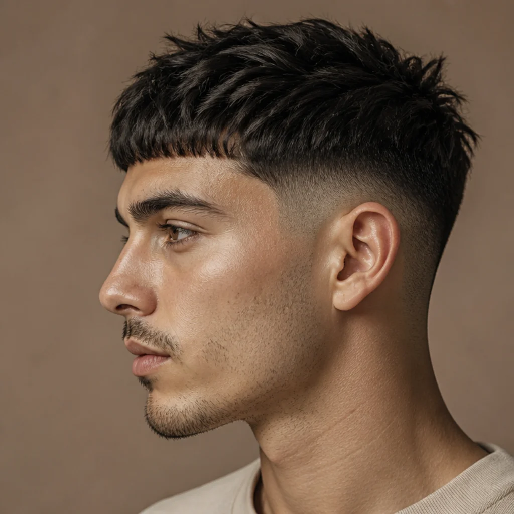 Side view of a man with a textured crop edgar cut showing piecey, matte top texture and a mid fade