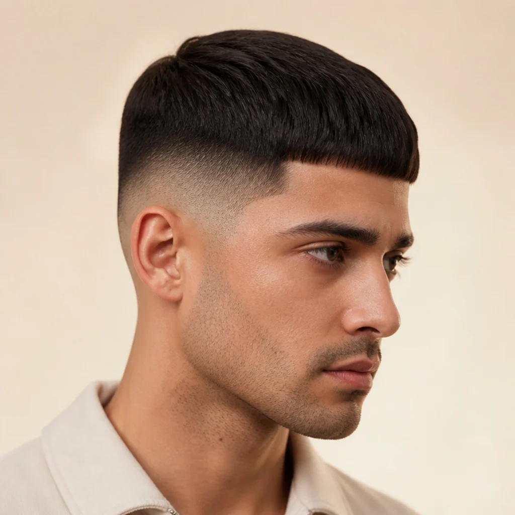 Three-quarter profile of a man with a mid fade edgar cut, the fade starting around the temple