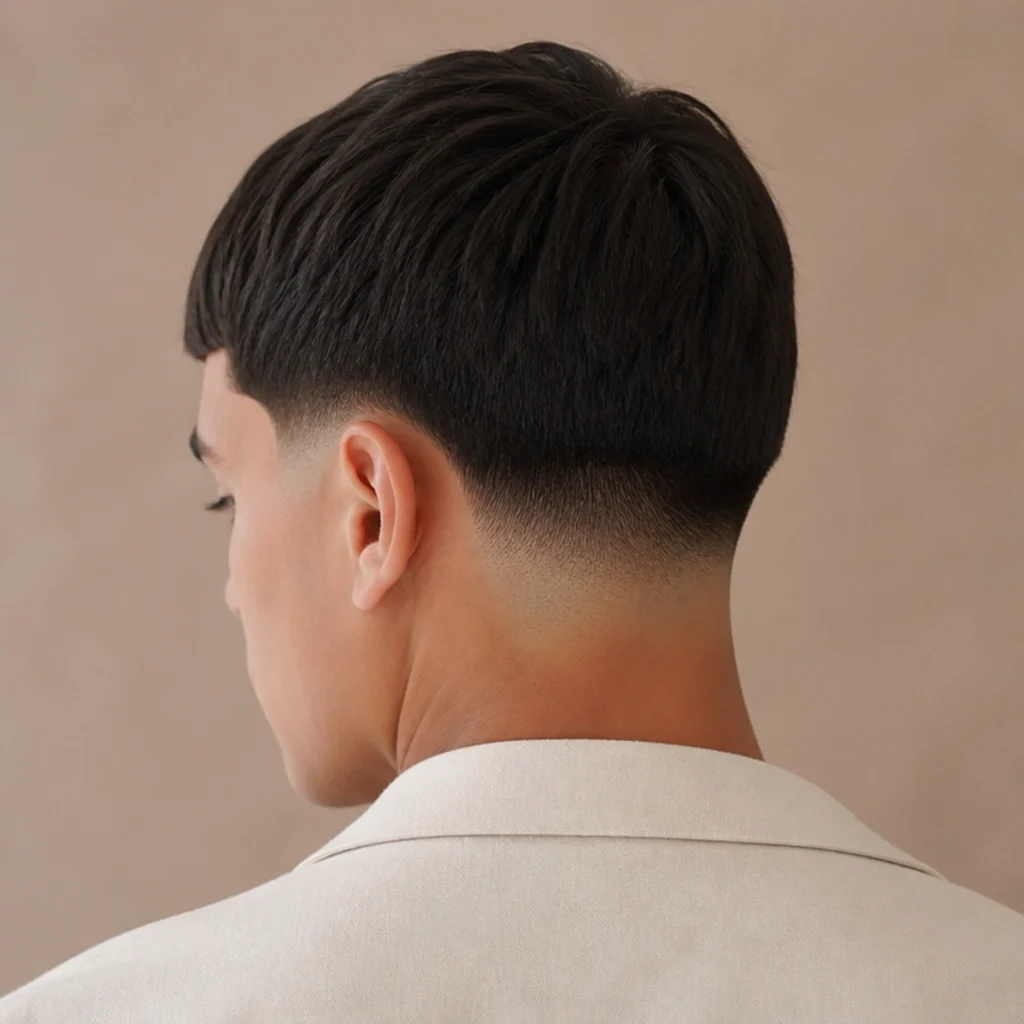 Back-angled view of a man with a low fade edgar cut, a subtle fade sitting near the ears