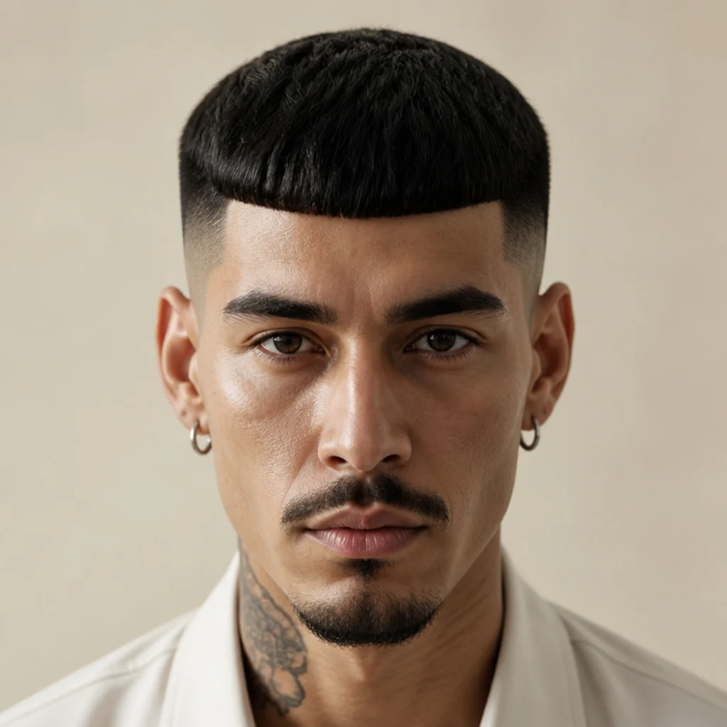 Front view of a man with a high skin fade edgar cut and sharp contrast between bald sides and a dense blunt top