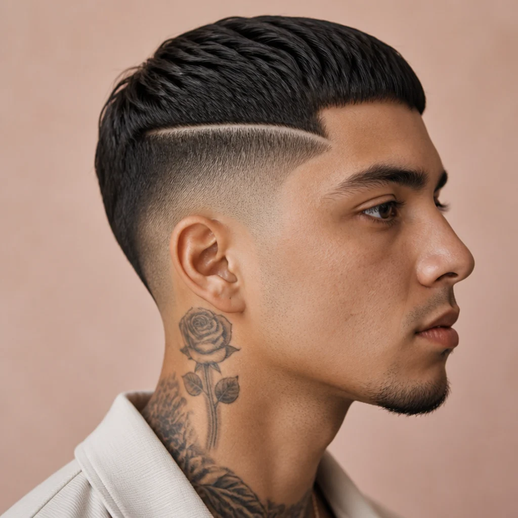 Side profile of a man with an edgar cut and a razor-etched hard part line above a mid fade