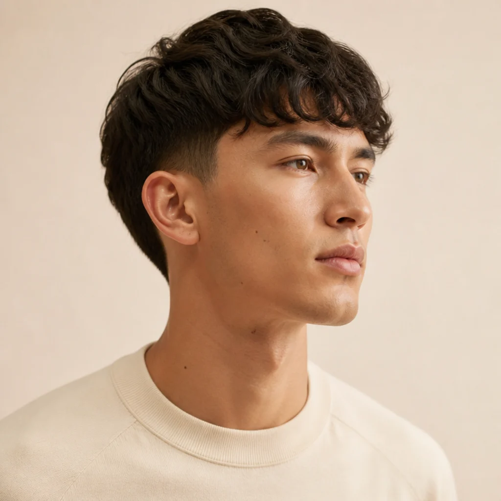 Three-quarter shot of a man with a wavy edgar cut showing soft bends in the fringe and a taper fade