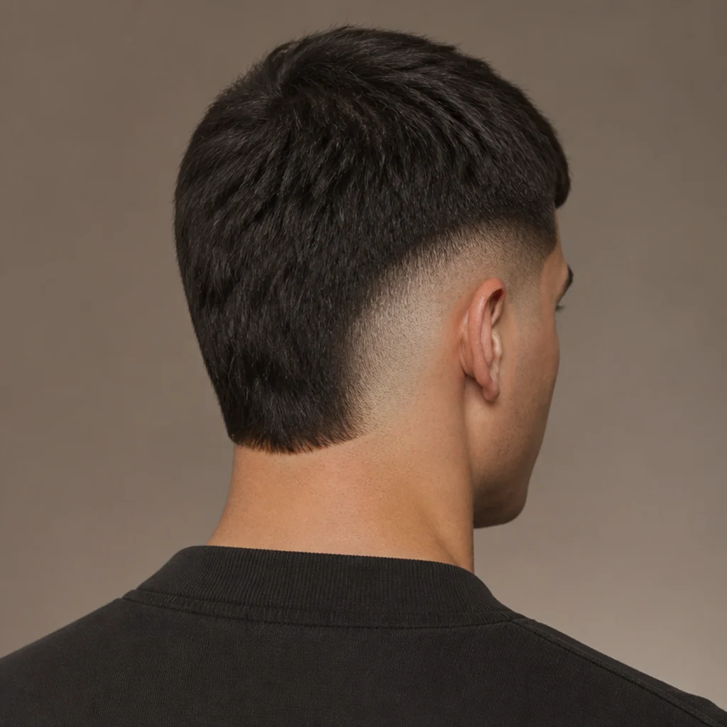 Back view of a man with an edgar cut and a burst fade curving in a semicircle around the ear